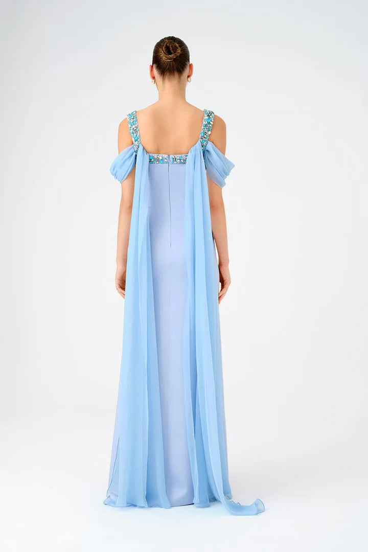 Cape Stone Embroidered Long Evening Dress