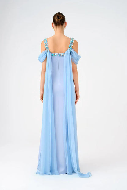 Cape Stone Embroidered Long Evening Dress