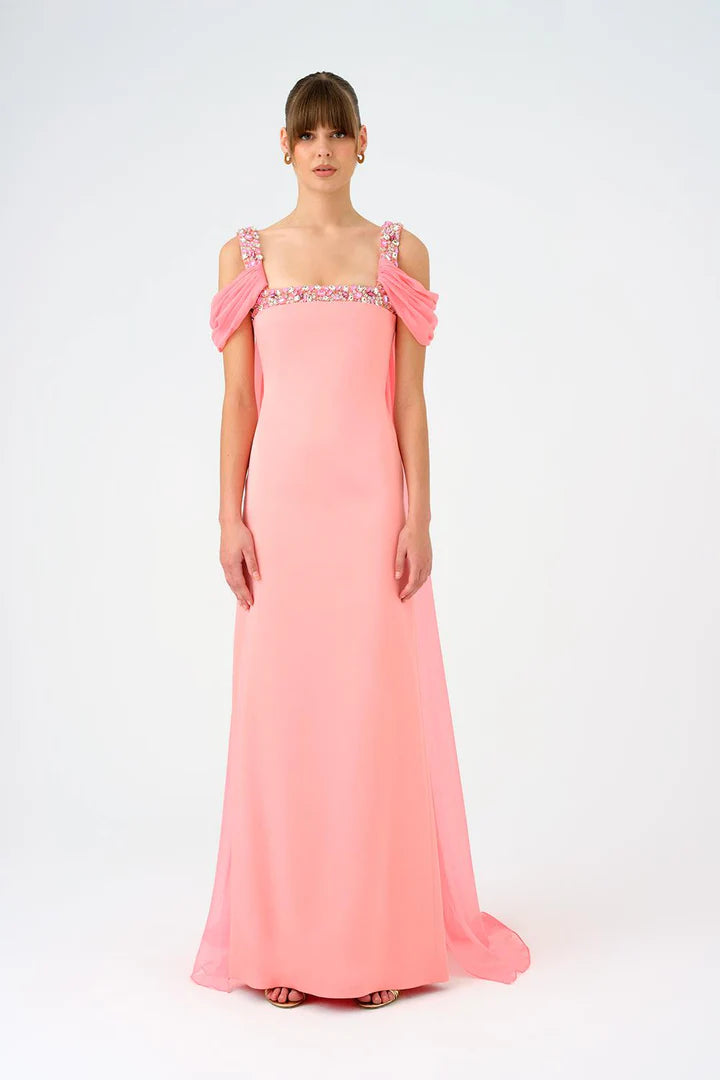 Cape Stone Embroidered Long Evening Dress