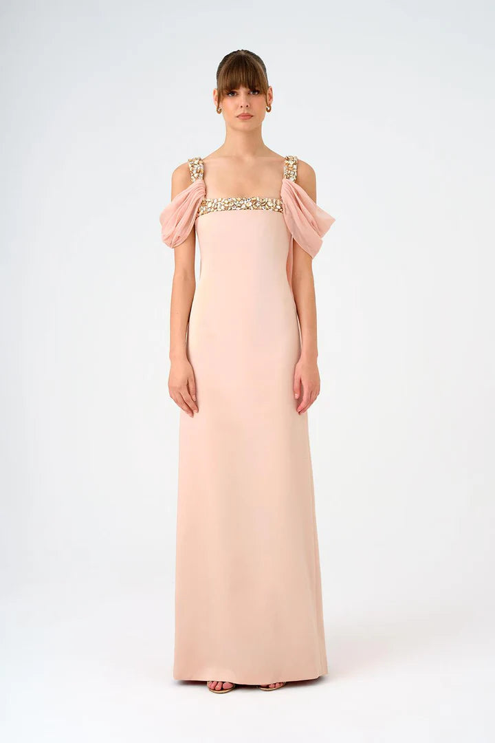 Cape Stone Embroidered Long Evening Dress