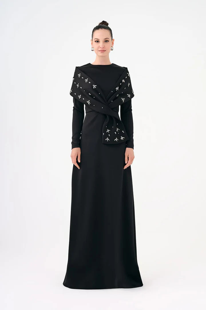 Stone Embroidered Shawl Satin Long Evening Dres