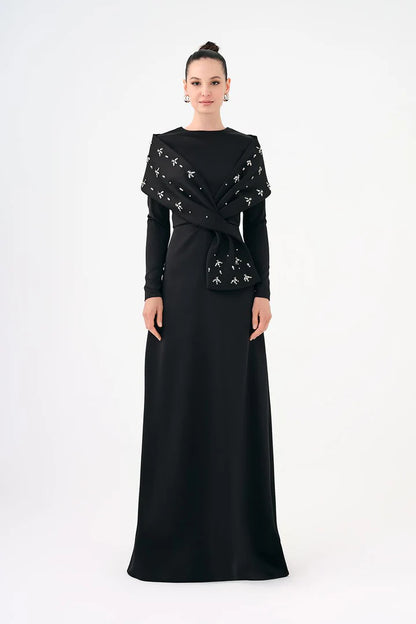 Stone Embroidered Shawl Satin Long Evening Dres