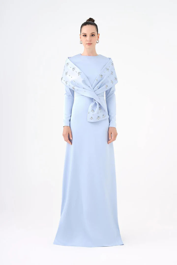 Stone Embroidered Shawl Satin Long Evening Dres