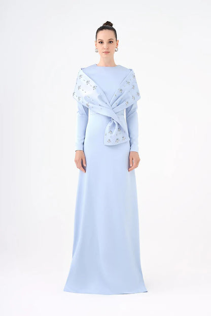 Stone Embroidered Shawl Satin Long Evening Dres
