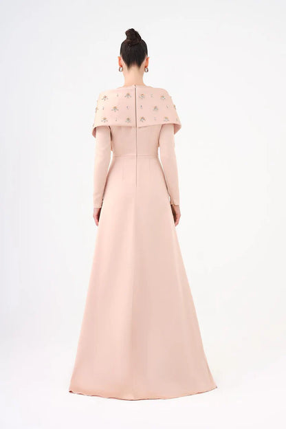 Stone Embroidered Shawl Satin Long Evening Dres