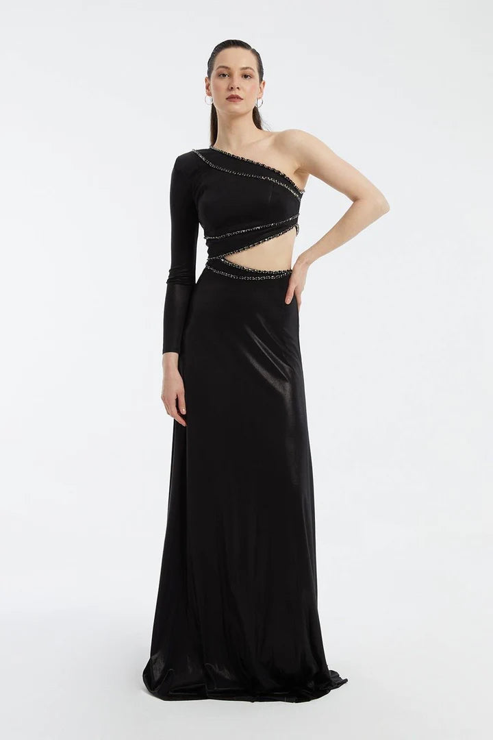 Rhinestone Embroidered Single-Sleeve Long Evening Dress