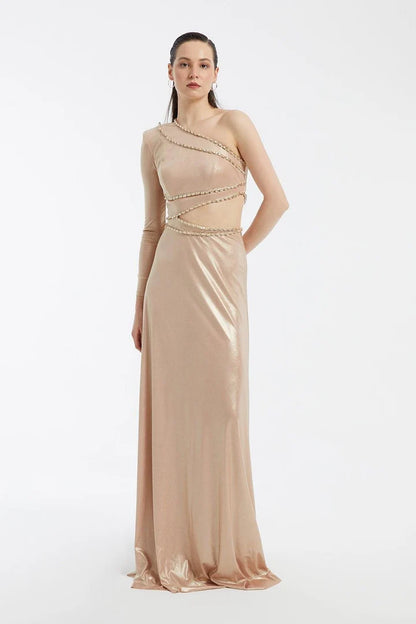 Rhinestone Embroidered Single-Sleeve Long Evening Dress