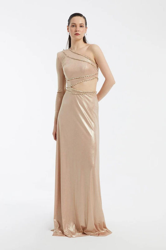 Rhinestone Embroidered Single-Sleeve Long Evening Dress