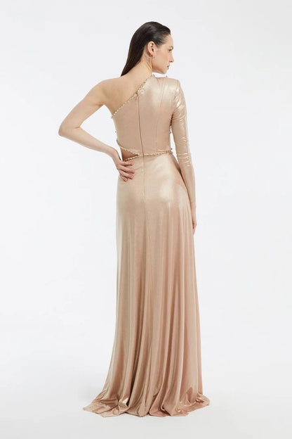 Rhinestone Embroidered Single-Sleeve Long Evening Dress