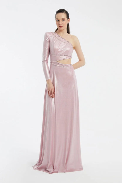 Rhinestone Embroidered Single-Sleeve Long Evening Dress