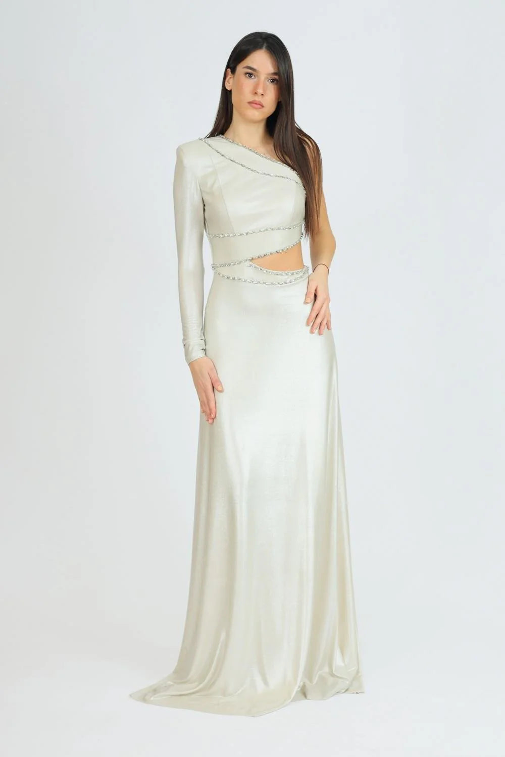 Rhinestone Embroidered Single-Sleeve Long Evening Dress