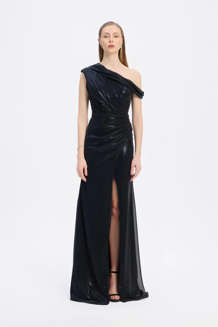 Low Shoulder Long Evening Dress with Slits