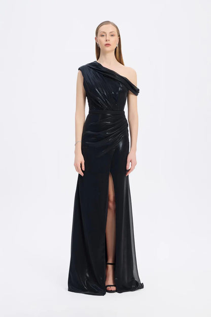 Low Shoulder Long Evening Dress with Slits