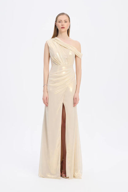 Low Shoulder Long Evening Dress with Slits
