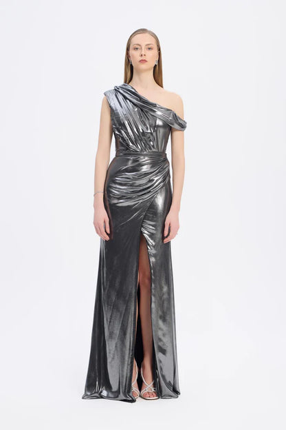 Low Shoulder Long Evening Dress with Slits